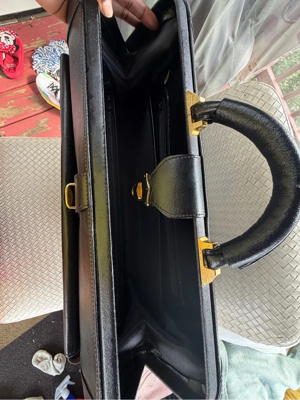Men's Black Leather Briefcase with Gold Hardware - Classic Professional Style